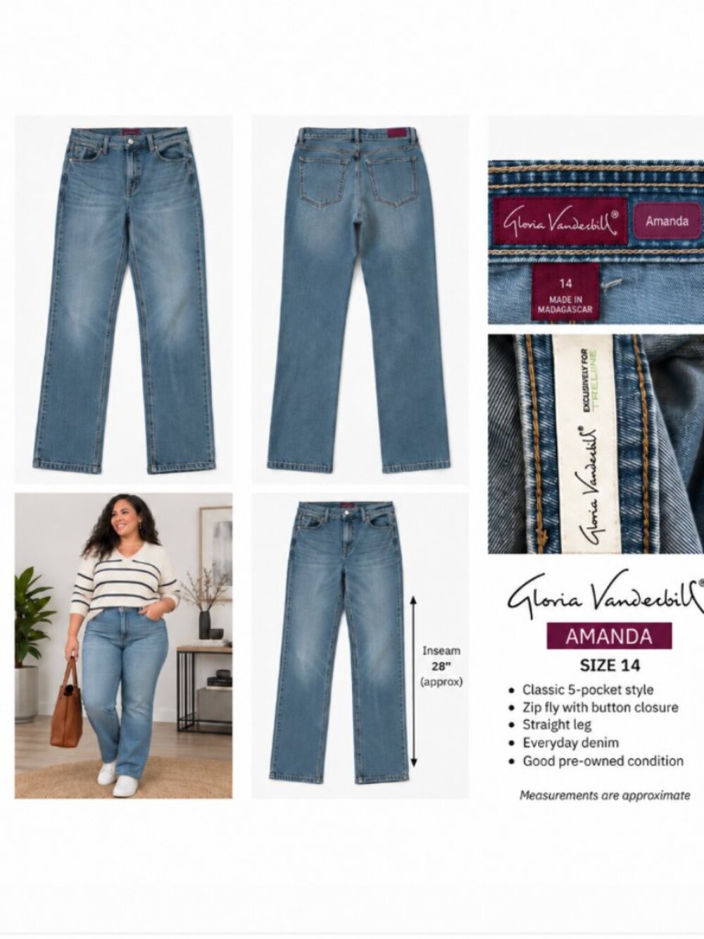 Gloria Vanderbilt Amanda Jeans Womens Size 14 High Rise Tapered Leg Medium Wash